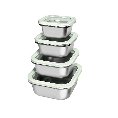 Square Stainless Steel Food Storage with Glass Lid